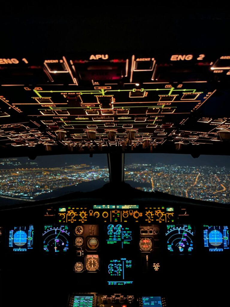 Backlit Instrument Panel of an Airplane Cockpit